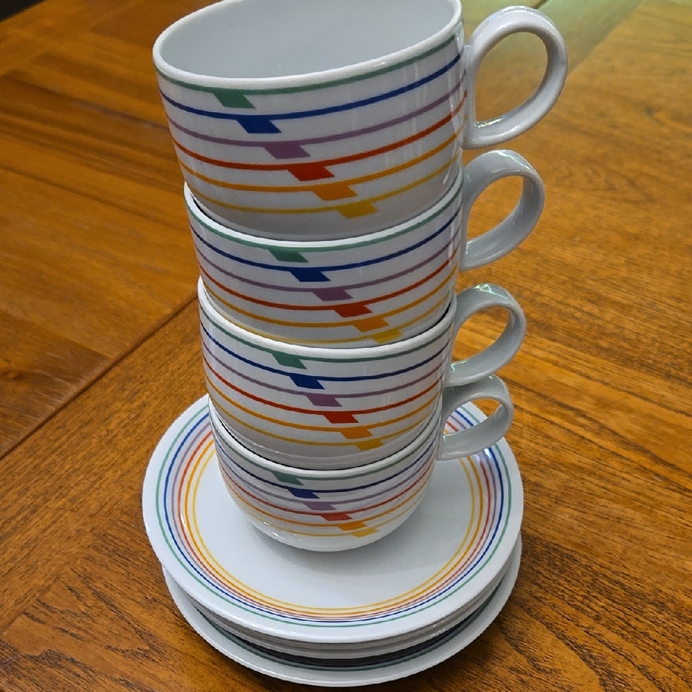 Colorful Striped Ceramic Mug Set With Saucers